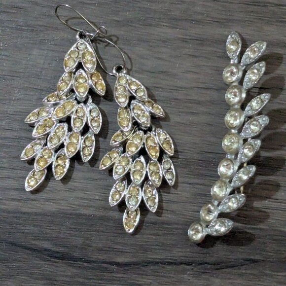 Rhinestone Silver Leaf Earrings & Matching Brooch Set  Bold Sparkly Style For Al - Picture 2 of 6
